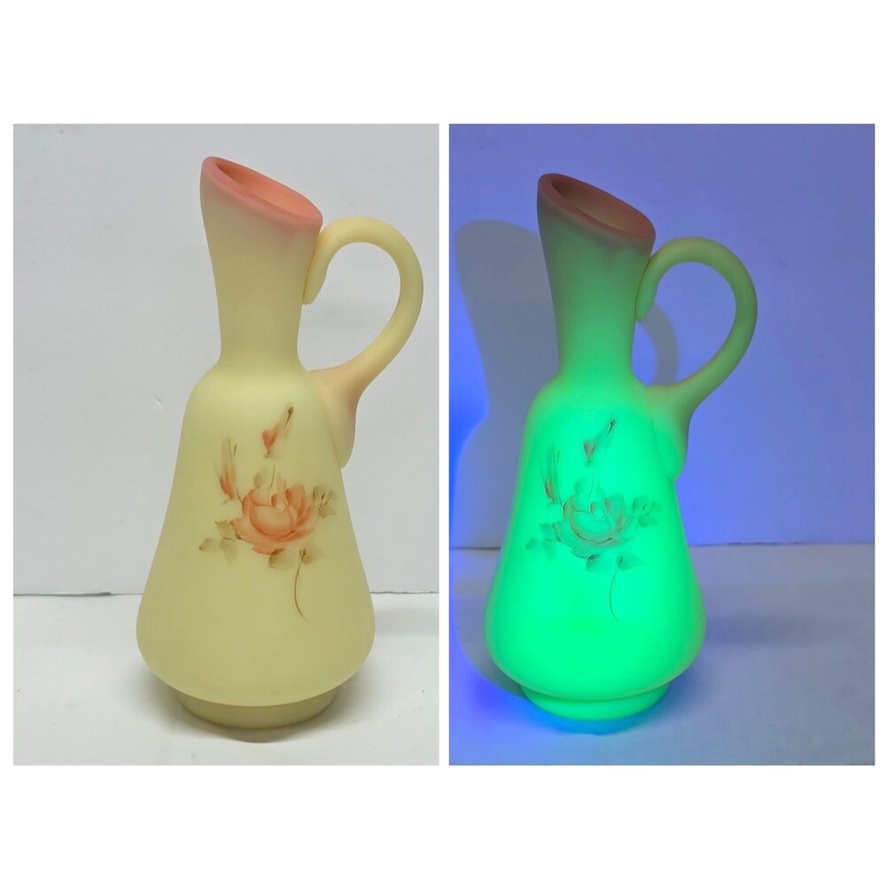 Fenton‎ Custard Burmese Uranium Rose Cruet Hand Painted Vintage 70s Glows in UV